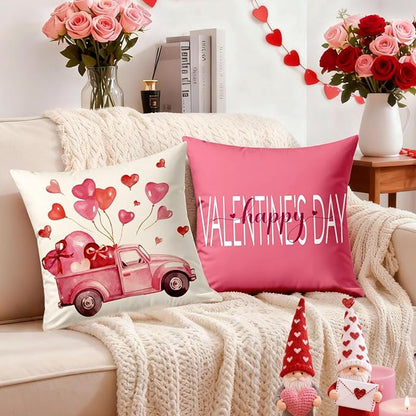 Valentines Day Decorations-Valentine Pillow Covers 18x18 Set of 4, Pink Hearts Love You Happy Valentine's Day Throw Outdoor Pillow Covers Anniversary Wedding Cushion Case for Home Sofa Couch Décor