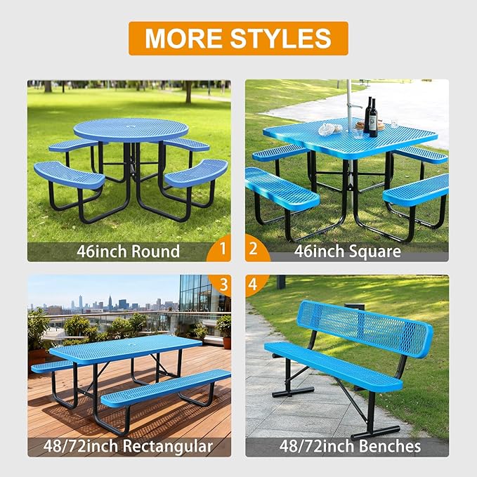 46-Inch Square Outdoor Picnic Table – Commercial Heavy-Duty Steel Dining Table with Thermoplastic Coating, Weather & Rust Resistant, Ideal for Parks, Patios, Schools, Campgrounds (Blue)