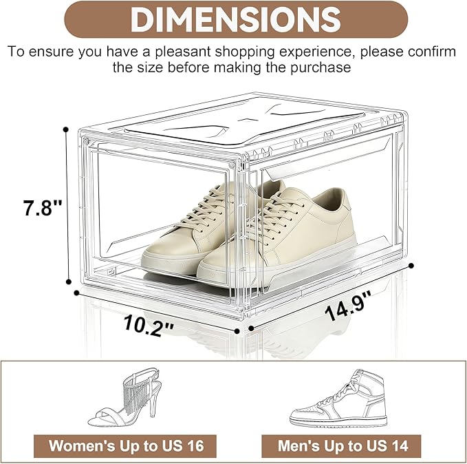 Acrylic Shoe Storage Boxes with Magnetic Door - 360° Clear Stackable Shoe Display Box Set, Plastic Shoe Cabinet Rack Box for Sneakers Heels Shoes (1, Clear, L - Front Open)