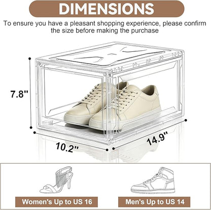 Acrylic Shoe Storage Boxes with Magnetic Door - 360° Clear Stackable Shoe Display Box Set, Plastic Shoe Cabinet Rack Box for Sneakers Heels Shoes (12, Clear, L - Front Open)