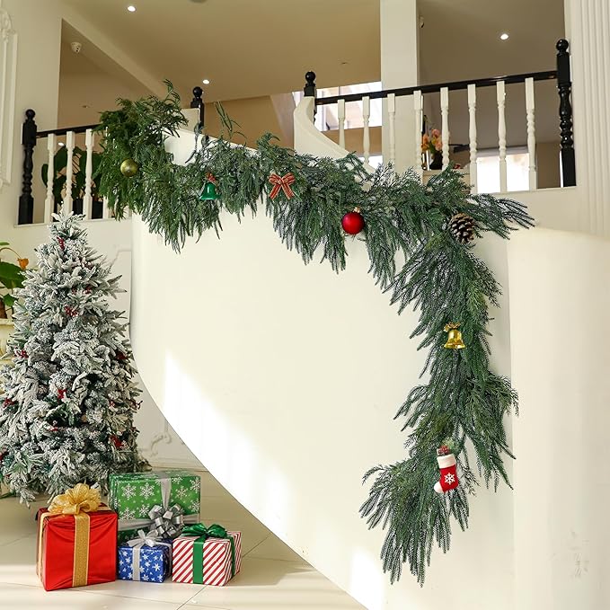 Norfolk Pine Garland Artificial Real Touch Green Thick Faux Norfolk Pine & Cedar 9FT Greenery Christmas Decor for Mantle Fireplace Wall Table Railings Indoor Outdoor Xmas Decorations