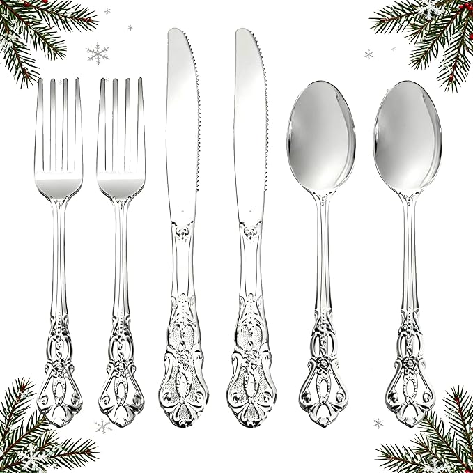 300Pieces Silver Plastic Silverware - Heavy Duty Silver Disposable Utensils - Vintage Plastic Cutlery Set Includes 100 Forks, 100 Spoons, 100 Knives for Dinner Parties Weddings
