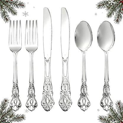 300Pieces Silver Plastic Silverware - Heavy Duty Silver Disposable Utensils - Vintage Plastic Cutlery Set Includes 100 Forks, 100 Spoons, 100 Knives for Dinner Parties Weddings