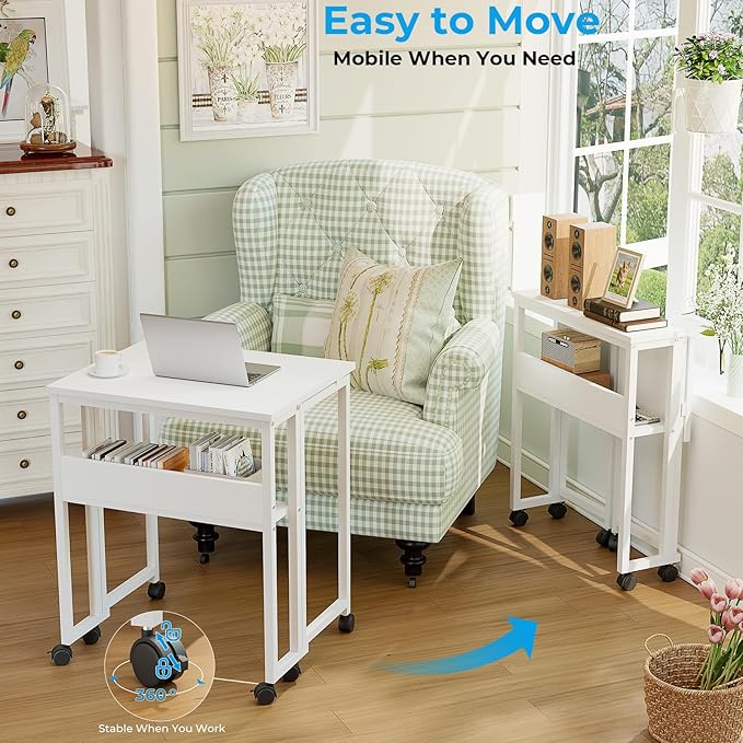 GreenForest Folding Desk with Wheels and Storage Shelf, 24.8 Inch Compact Portable Rolling Desk for Small Spaces, Mobile Foldable Computer Table, Easy Assembly, Pure White