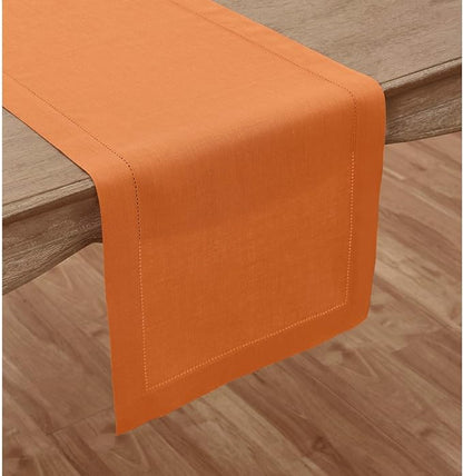 Solino Home Linen Pumpkin Hemstitch Table Runner 60 Inches - 100% Pure Linen Small Table Runner 14 x 60 Inch Ideal for Dresser and Coffee Tables - Classic Hemstitch - Fall, Holiday