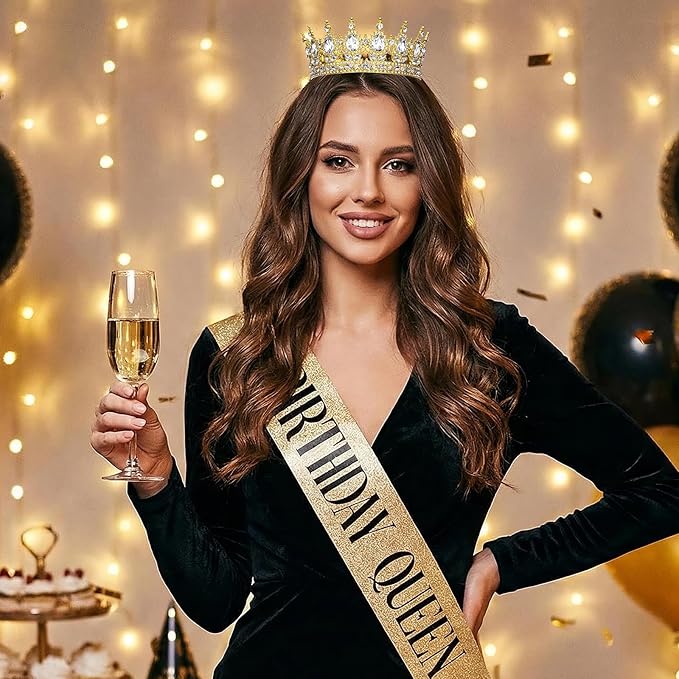 Onedor Gold Queen Crown and Birthday Sash for Women, Crystal Tiara Headband with Rhinestones for Birthday Party, Wedding, Prom Accessories, Cake Topper
