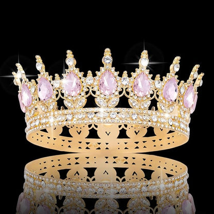 Queen Crown Rhinestone Wedding Crowns and Tiaras for Women Costume Party Hair Accessories Princess Birthday Crown Crystal Bridal Crown (Gold & Pink Crown)