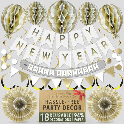 Premium Reusable New Years Decorations 2026 - Multi-occasion Happy New Year Banner also spells Happy Birthday, Fast Assembly with Velcro - NY Eve 2026 Party Supplies / White and Gold Party Decorations