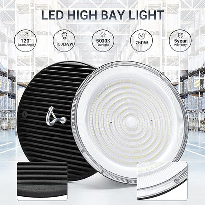 6 Pack 250W UFO Led High Bay Light,120VAC,5000K Daylight Commercial Bay Lighting,IP66 Waterproof,41050LM,1150W MH/HPS with Plug Area Lighting for Warehouse/Shop/Workshop/Barn/Gym/Factory