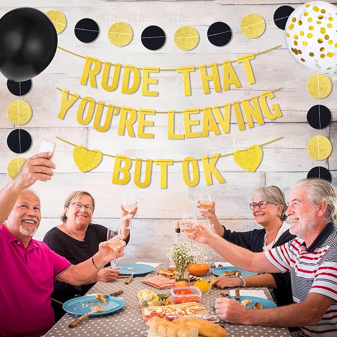 Rude That You're Leaving But OK Banner, Going Away Party Decorations, Funny Farewell Party Decorations Set with Black and Gold Glitter Perfect for Office Coworker Goodbye Party Decoration