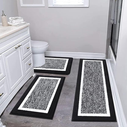 Pauwer Bathroom Rug Mat Set 3 Piece, Microfiber Shaggy Bath Set, Non-Slip Ultra Soft Carpet Mats, Absorbent with U-Shaped Toilet for Bathroom, Tub, Shower, Black