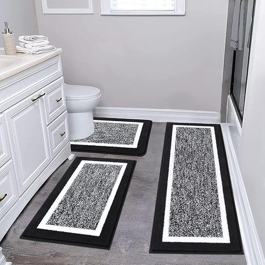 Pauwer Bathroom Rug Mat Set 3 Piece, Microfiber Shaggy Bath Set, Non-Slip Ultra Soft Carpet Mats, Absorbent with U-Shaped Toilet for Bathroom, Tub, Shower, Black