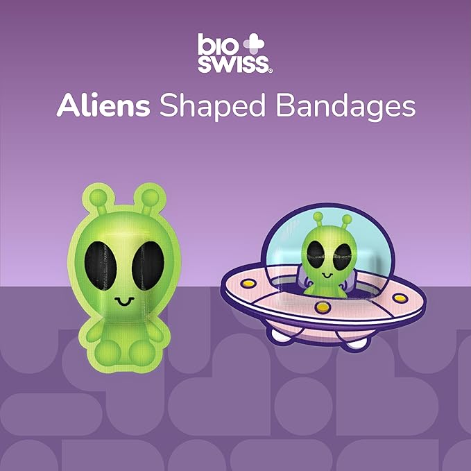 BioSwiss Kids Bandages, Halloween Alien Shaped Self Adhesive Bandage Set, Latex Free, Sterile Wound Care, 24 Count
