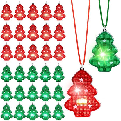 Yinkin 30 Pcs Christmas Light up Necklace for Adults Flashing Necklaces Christmas Accessory for Xmas Party Favors Stocking Stuffers Xmas Ornaments Decoration Party Supplies (Tree)