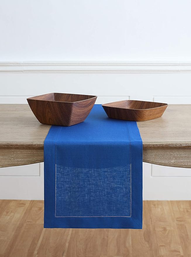 Solino Home Linen Royal Blue Table Runner 156 Inches Long - 100% Pure Linen Extra Long Table Runner 14 x 156 Inch for Christmas - Classic Hemstitch
