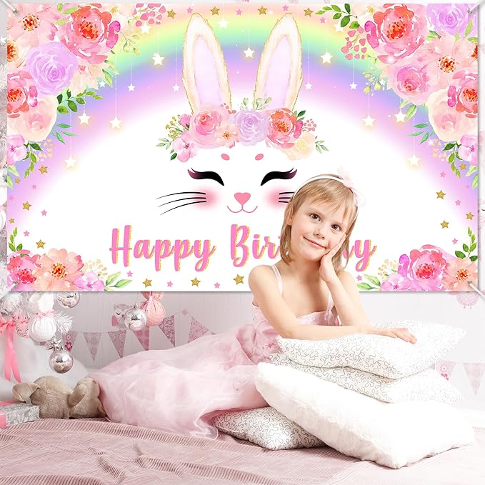 Avezano Bunny Birthday Banner Pink Floral Rainbow Bunny Happy Birthday Party Decorations Bunny Birthday Banner Decorations for Girls Rabbit Spring Easter Birthday Party Supplies 70.8 x 43.3 Inch
