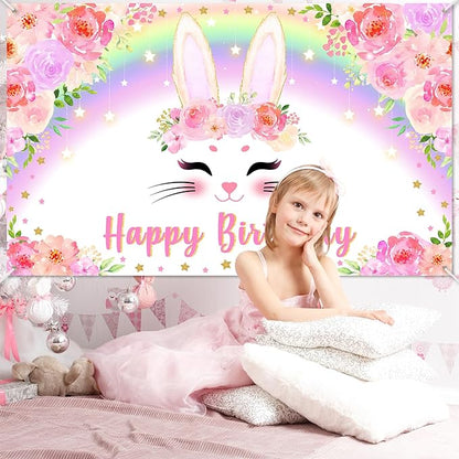 Avezano Bunny Birthday Banner Pink Floral Rainbow Bunny Happy Birthday Party Decorations Bunny Birthday Banner Decorations for Girls Rabbit Spring Easter Birthday Party Supplies 70.8 x 43.3 Inch