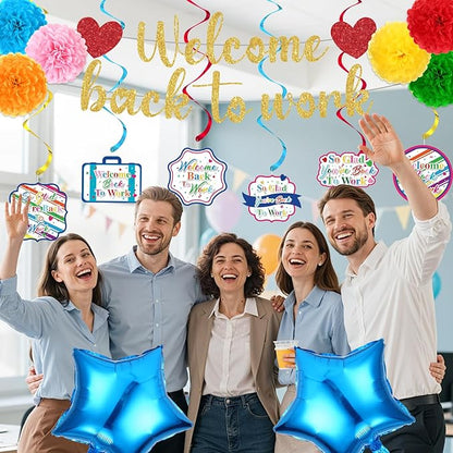 15pcs Welcome Back to Work Decorations for Office Colorful So Glad You're Back To Work Banner Hanging Swirls Balloons Pompoms for Office Work Anniversary Decor for Home, Office Party Supplies