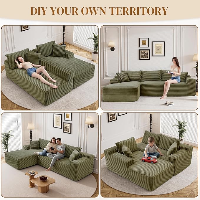 95" L Shaped Boneless Sectional Couches, Wide Armrest, Deep Seat, Memory Foam, Assembly Free, Modern Comfy Corduroy Fluffy Cloud Sofa with Left Chaise for Living Room, Small Spaces, Green
