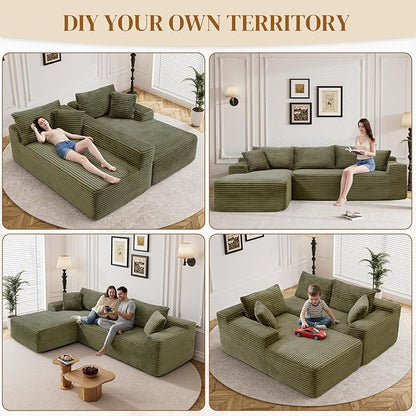 95" L Shaped Boneless Sectional Couches, Wide Armrest, Deep Seat, Memory Foam, Assembly Free, Modern Comfy Corduroy Fluffy Cloud Sofa with Left Chaise for Living Room, Small Spaces, Green