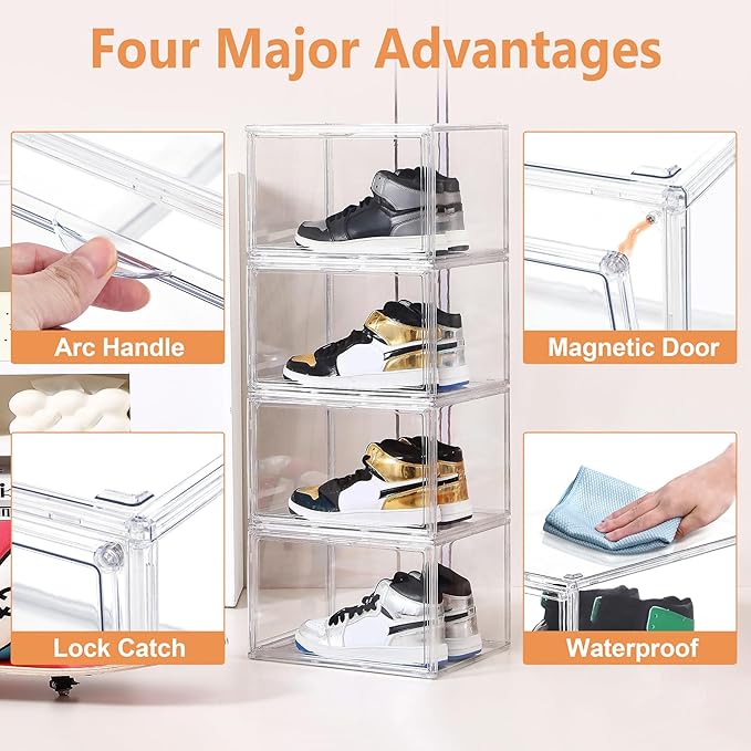 Acrylic Shoe Storage Boxes with Magnetic Door - 360° Clear Stackable Shoe Display Box Set, Plastic Shoe Cabinet Rack Box for Sneakers Heels Shoes (1, Clear, XL - Side Open)