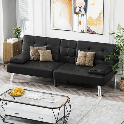 Homall Futon Sofa Bed, Leather Futon Couch with Removable Armrests, Adjustable Recliner Sleeper Sofa Bed with Dual Cup Holders for Living Room, Apartment, Office (Black)