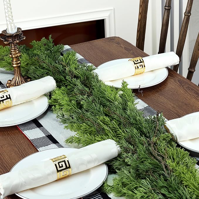 9 FT Christmas Cedar Garland, Thick Green Cypress Garlands, Real Touch Pine Garlands, Realistic Garland Christmas Decorations for Outdoor Indoor Table Mantel Railing Stair Porch Decor