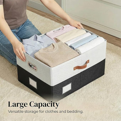 PRANDOM Storage Bins with Lids [3-Pack] Linen Fabric Foldable Storage Boxes Organizer Containers Baskets Cube with Cover for Bedroom Closet Office Grey&Black (23.4X15.9X11.4)