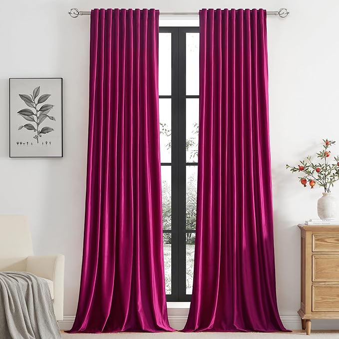 PRIMROSE Hot Pink Velvet Curtains 90 inch Long for Living Room,Set of 2 Panels Blackout Rod Pocket Back Tab Window Treatment Room Darkening Heavy Decorative Curtains Drapes for Bedroom