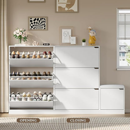 Shoe Cabinet with Bench and 3 Flip Drawers, Slim Narrow Shoe Storage Cabinet, Freestanding Shoe Rack Organizer with Adjustable & Removable Shelves, Anti-Tip for Entryway, Hallway, Foyer