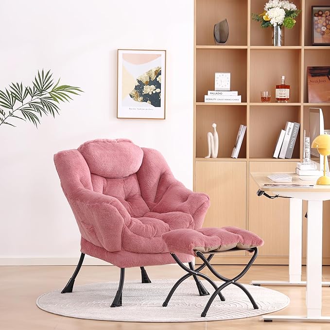 LITA Lazy Chair with Ottoman, Modern Accent Leisure Upholstered Sofa Chair, Lounge Reading Chairs with Armrests and a Side Pocket for Living Room, Bedroom & Small Space, Plush Dark Pink