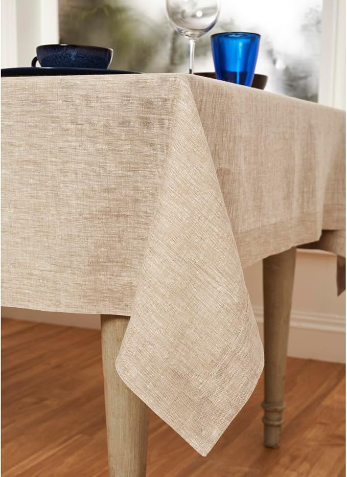 Solino Home Linen Tablecloth 60 x 144 Inch - 100% Pure Linen Champagne Beige Table Cloth for Rectangle Tables - Athena, Machine Washable Tablecloth for Fall, Autumn, Christmas, Holiday, New Year