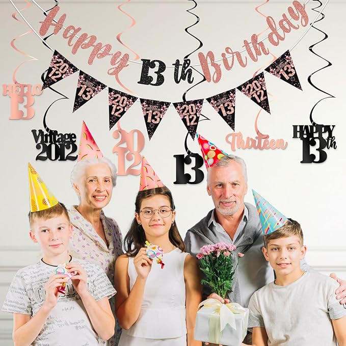13th Birthday Decorations for Girls, Black Rose Gold Happy 13th Birthday Banner Hanging Swirls Vintage 2012 Birthday Decorations Kit Hello 13 Party Supplies