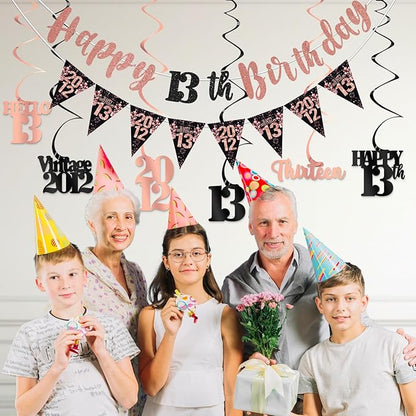 13th Birthday Decorations for Girls, Black Rose Gold Happy 13th Birthday Banner Hanging Swirls Vintage 2012 Birthday Decorations Kit Hello 13 Party Supplies
