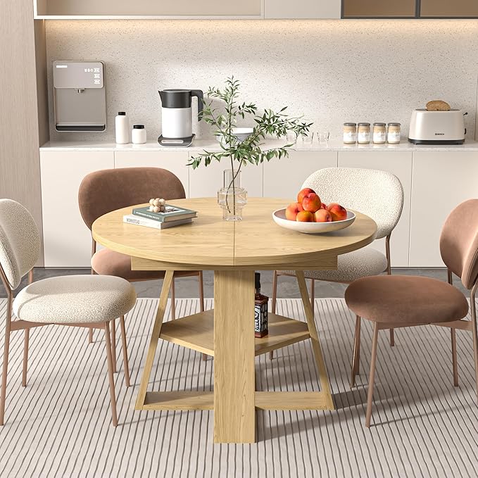 43.3in-59in Extendable Round Dining Table for 4-8,Modern Kitchen Oval Dining Table with Removable Leaves Space Saving,Wood Base with Storage Shelf for Kitchen Living Room (Wood Color)