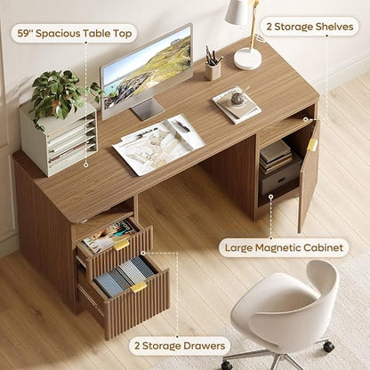 Bestier 59 inch Office Desk with 2 Drawer, Computer Desk with File Cabinet & 2 Open Storage, Modern Fluted Wood Desk for Home Office Bedroom Study, Natual Oak