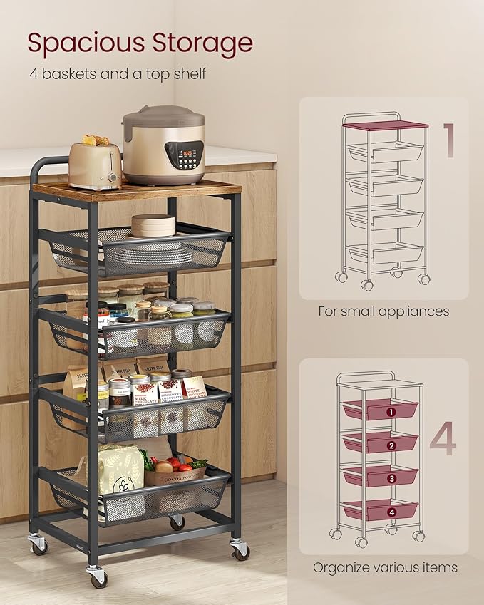 VASAGLE Storage Rolling Cart with Pull-Out Baskets, 5-Tier Utility Cart Orgnizer with Wheels for Laundry Room, Kitchen, Handle, 12.5 x 15.8 x 37.4 Inches, Rustic Brown and Ink Black ULRC041K01
