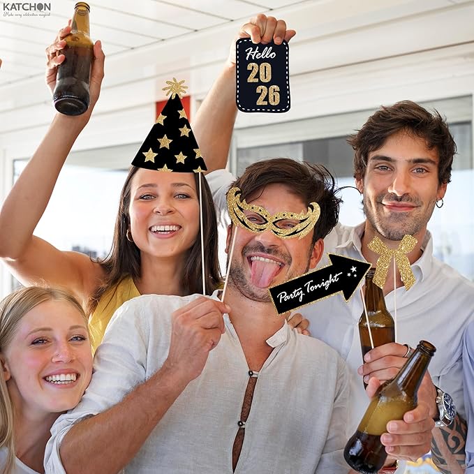 KatchOn, Glitter New Years Photo Booth Props 2026 - Pack of 32 | Photo Booth Props 2026, Happy New Years Decorations 2026 | Photo Props 2026, New Years Eve Party Supplies 2026