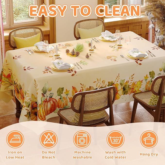 Fall Tablecloth Rectangle 60x120 Inch, Autumn Thanksgiving Harvest Orange Pumpkin Table Cloth Washable Spillproof Table Cover for Halloween Party, Picnic & Dinner Decor