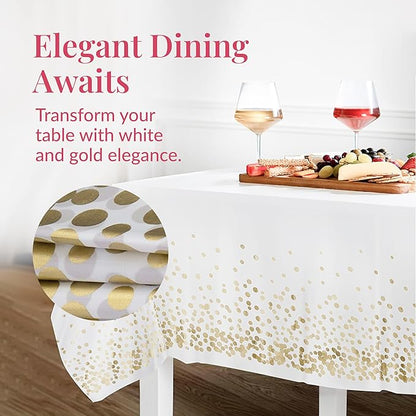 Prestee White and Gold Tablecloths, 4pk, 54x108 Inches - Party Table Cloths Disposable - Gold Dot Disposable Tablecloths - Plastic Table Cloth - Engagement Party Decorations, Baptism Decorations