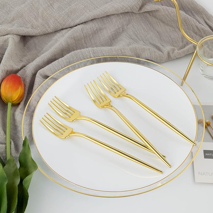 100 PCS Gold Plastic Forks, Heavy Duty Disposable Gold Forks, Gold Silverware Plastic Utensils for Party, Birthday, Wedding