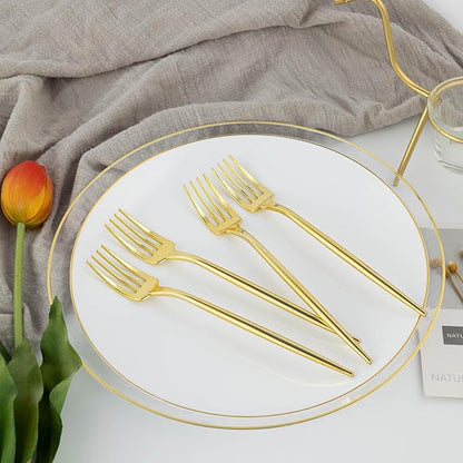 100 PCS Gold Plastic Forks, Heavy Duty Disposable Gold Forks, Gold Silverware Plastic Utensils for Party, Birthday, Wedding