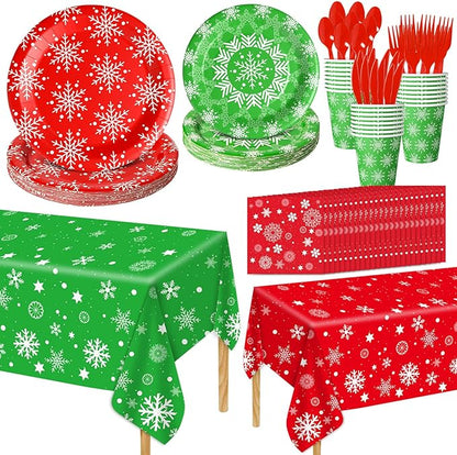 Christmas Party Supplies Tableware Set Serves 25, Winter Christmas Decorations Xmas Theme Paper Plates Cup Napkins Snowflake Tablecloth Red Plastic Cutlery
