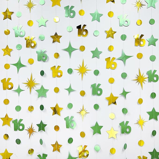 Sage Green Gold Number 16 Circle Dot Twinkle Star Garland Streamer Bunting Banner Backdrop Decorations for Girls Happy 16th Birthday Sweet Sixteen 16th Anniversary Cheers to 16 Years Party Decor