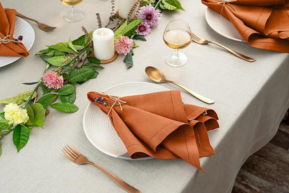 D'Moksha Homes Rust Linen Napkins Set of 4 - Classic Hemstitch 100% Pure Linen Hemstitch Dinner Napkins 20 x 20 Inch for Winter, Christmas, Holiday - Handcrafted and Machine Washable