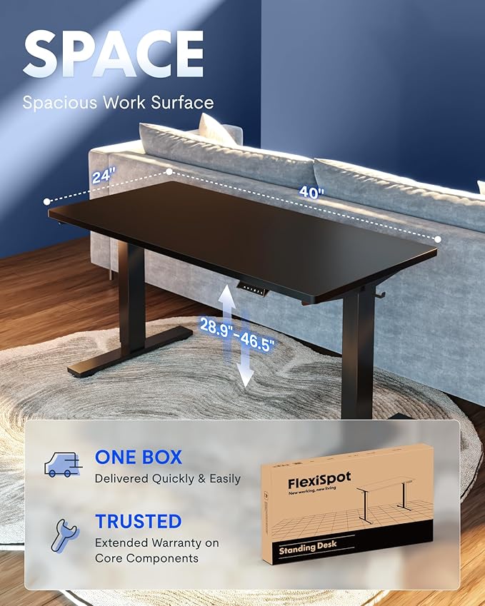 FLEXISPOT EN1 One-Piece Standing Desk, 40"x24" Seamless Desktop Electric Height Adjustable for Home Office, Study Rooms & Multi-Device Workstations, Black