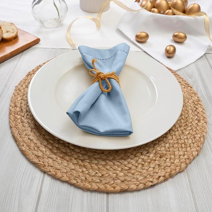 Blue Needles Set of 12 Hemstitch Linen Napkins 100% Cotton Ice Blue Cloth Dinner Napkins 18x18 inches, Soft, Reusable, Absorbent, Washable, Ideal for Fall Thanksgiving Events, Parties & Everyday Use