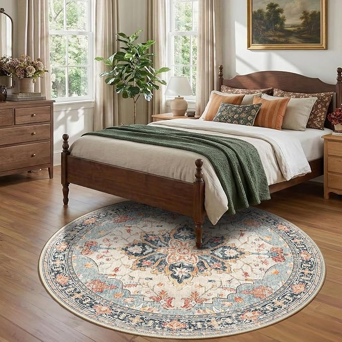 Area Rugs 7ft Washable Non-Slip, Floral Vintage Distress Print Pattern Medallion Carpet for Living Room Bedroom Dining Room, Beige Navy Blue Orange Colorful