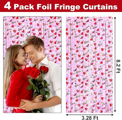 4 Pack Love Pink Fringe Curtain Backdrop 3.2Ft x 8.2Ft Metallic Tinsel Foil Fringe Streamers Background for Photo Booth Mother's Day, Easter, Carnival, Birthday, Wedding Party Decoration