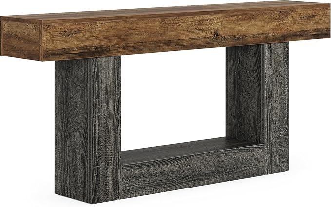 Tribesigns 63" Console Table, Farmhouse 2-Tier Entryway Table with U-Shaped Base, Narrow Long Wood Sofa Table Behind Couch Table for Living Room, Hallway, Foyer, Vintage Brown & Gray | Farmhouse, Entryway Table, Narrow, Long, Sofa Table, Behind Couch T...